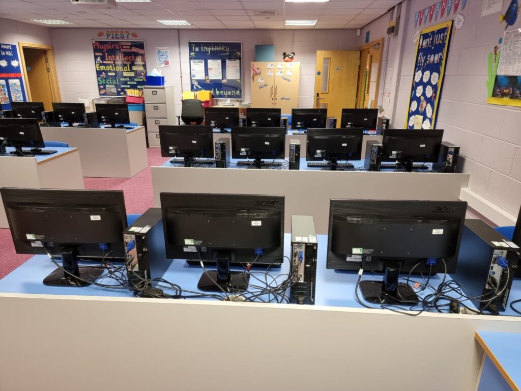 Computers set up in a classroom