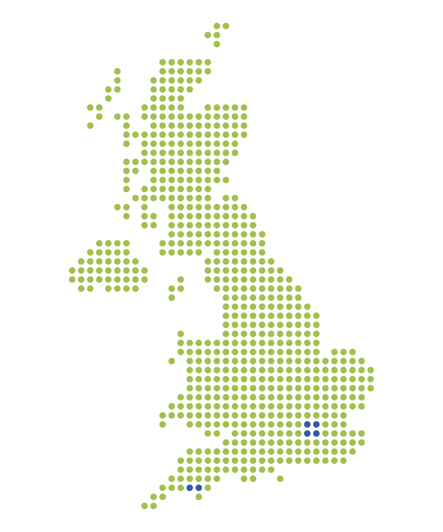 Map of UK made up of green and dark blue dots