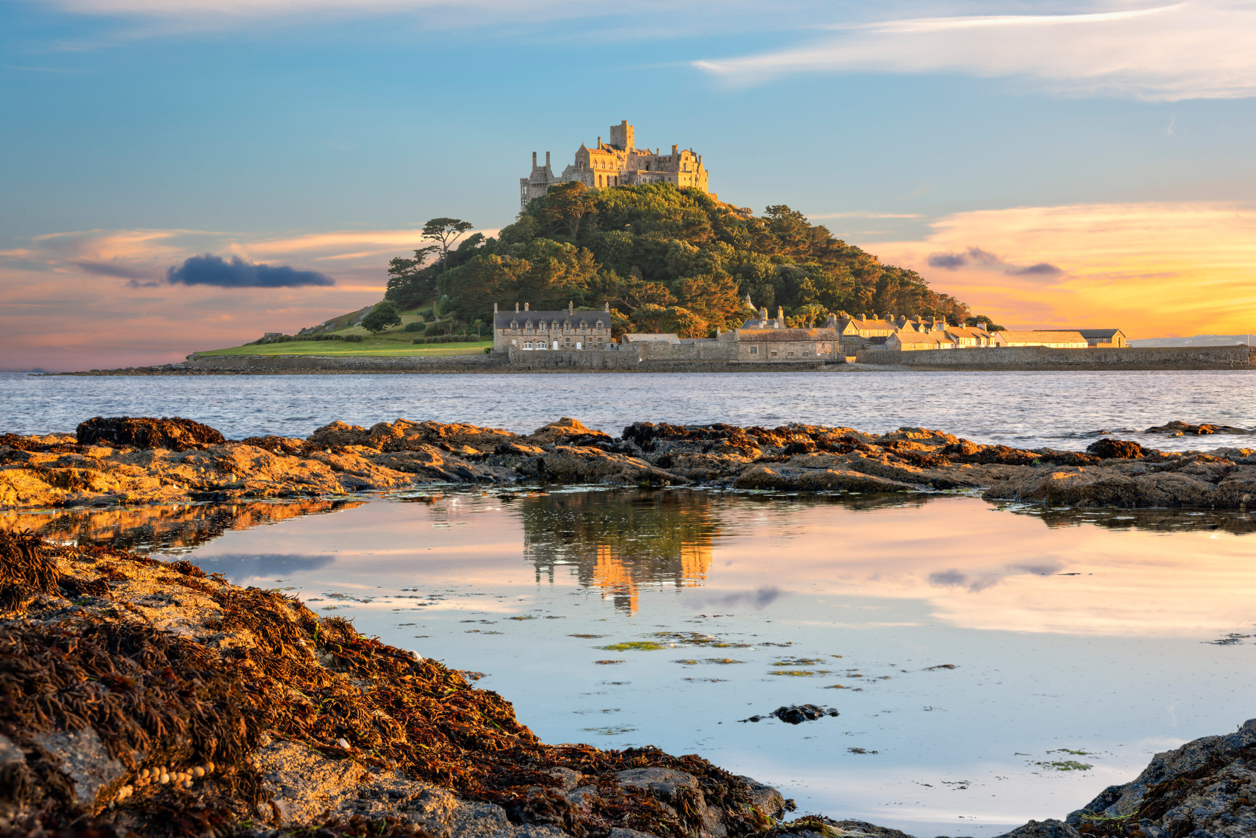 View of St Michael's Mount in Cornwall at sunset