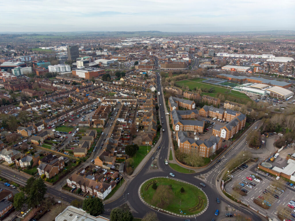 Aerial photo of the town of Aylesbury in the UK showing roads
