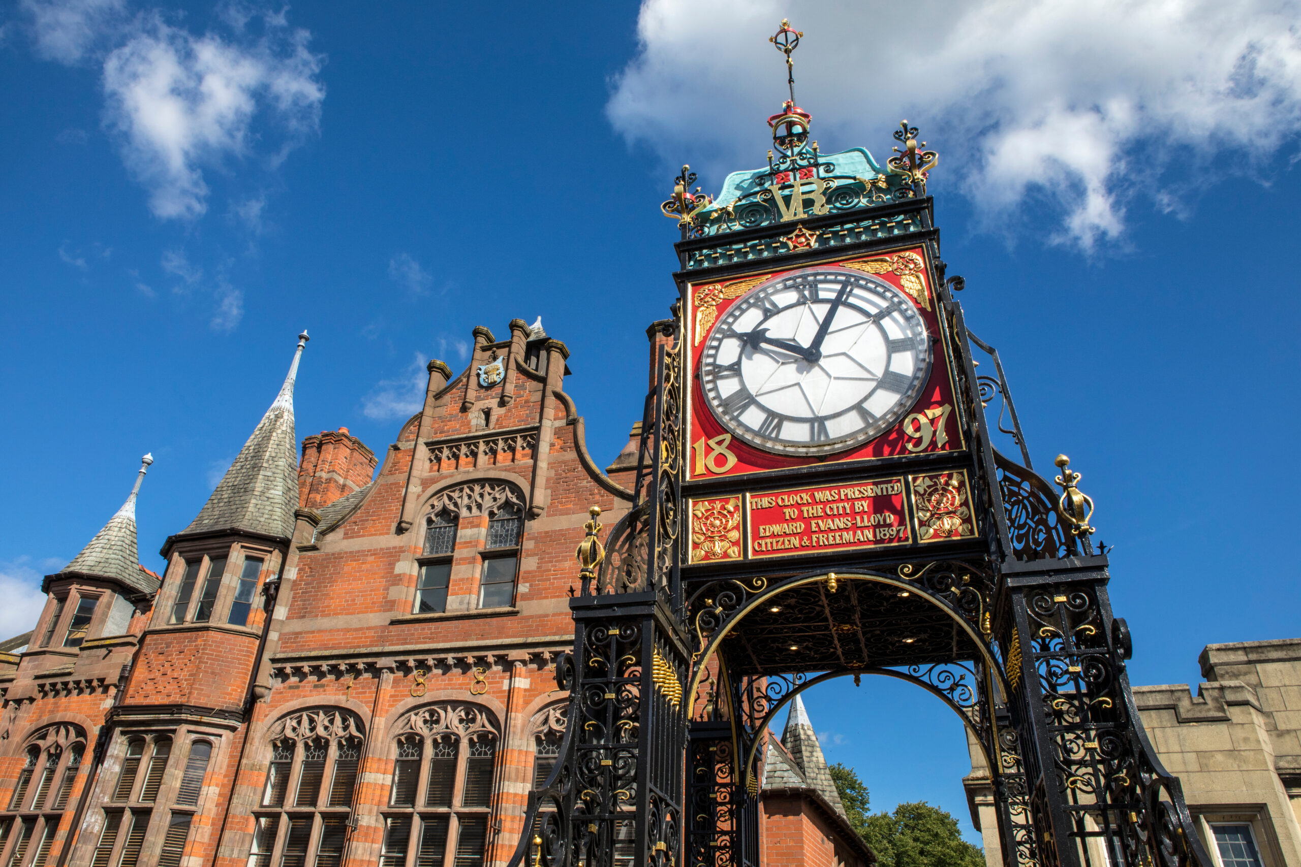 The famous Eastgate Clock, viewed from the historic city walls in the city of Chester, UK.
