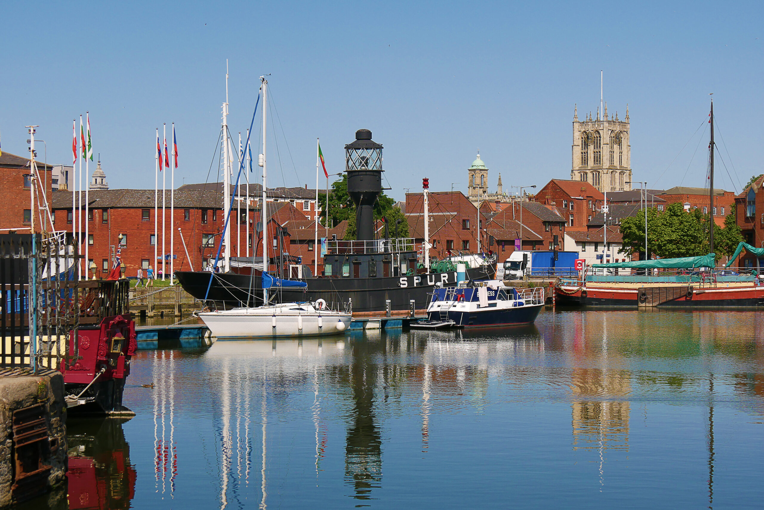 View of the old Spurn Lightship moored in marina. Kingston upon Hull, Humberside.