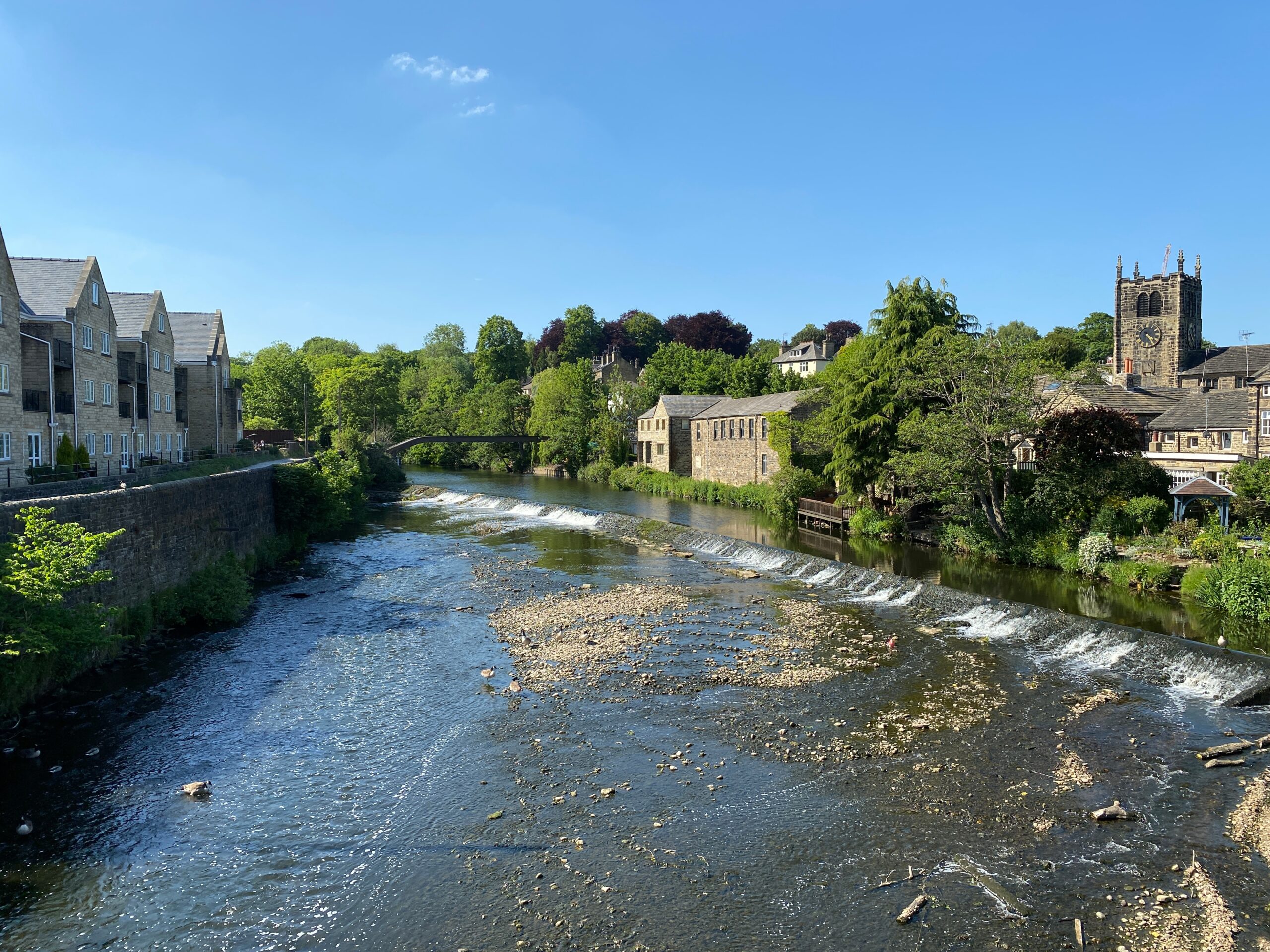 River Aire as it flows through Bingley, with houses, trees, and