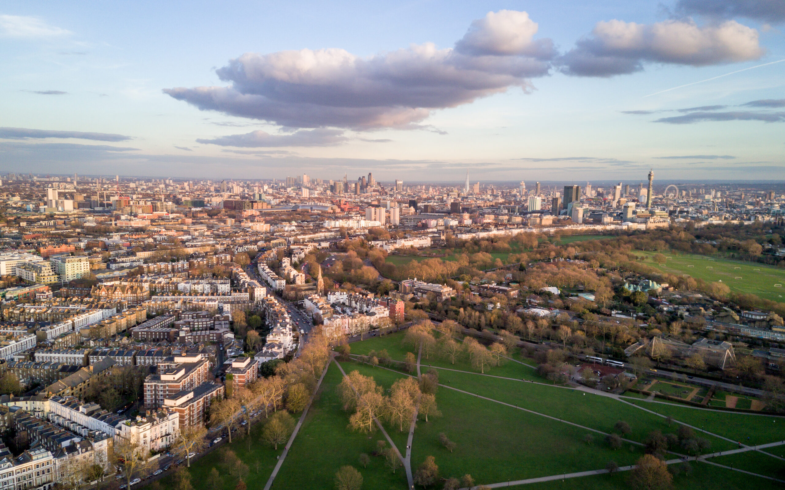 Aerial drone photo of the London skyline from Primrose Hill in North London with many key landmarks clearly in view.