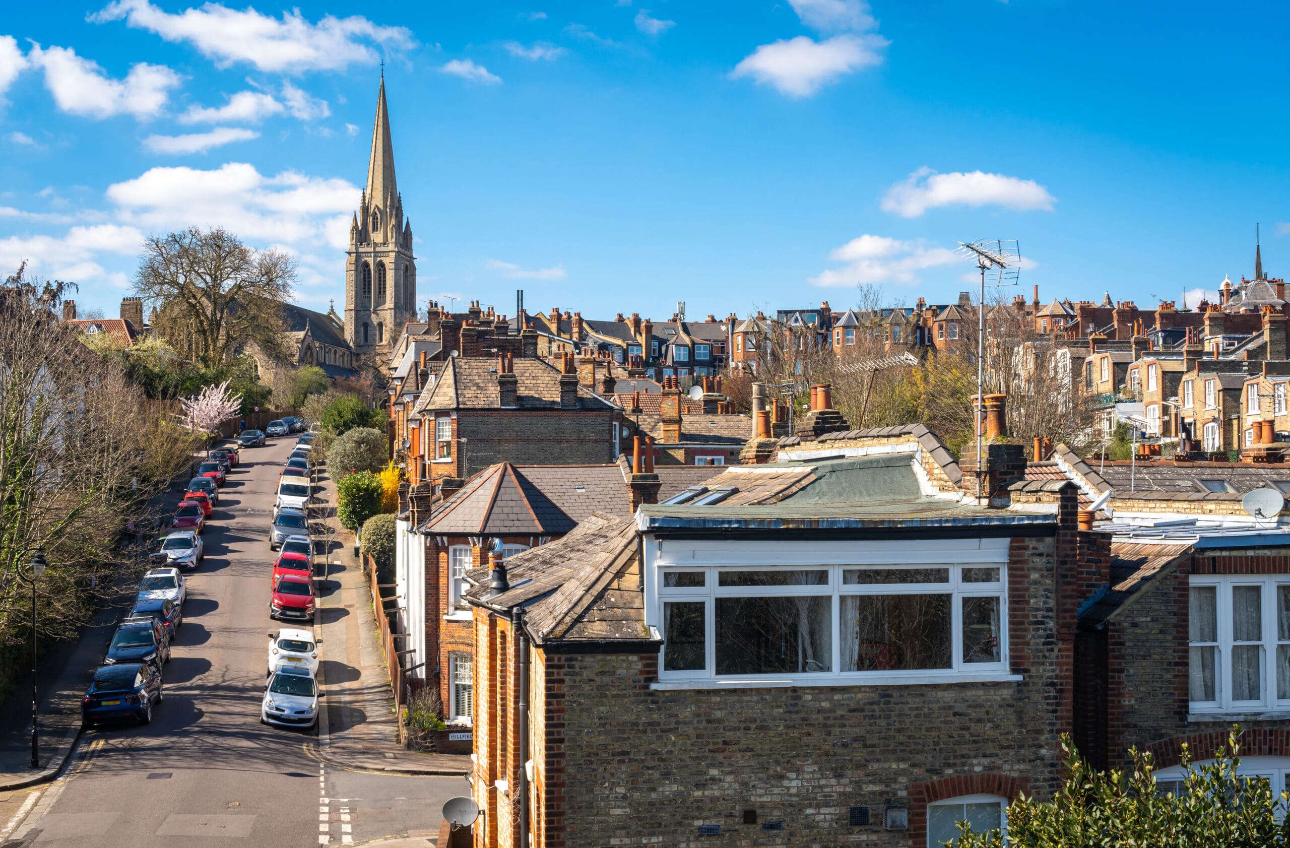 Muswell Hill suburban district of the London Borough of Haringey and the tower of St James Church on a sunny spring day
