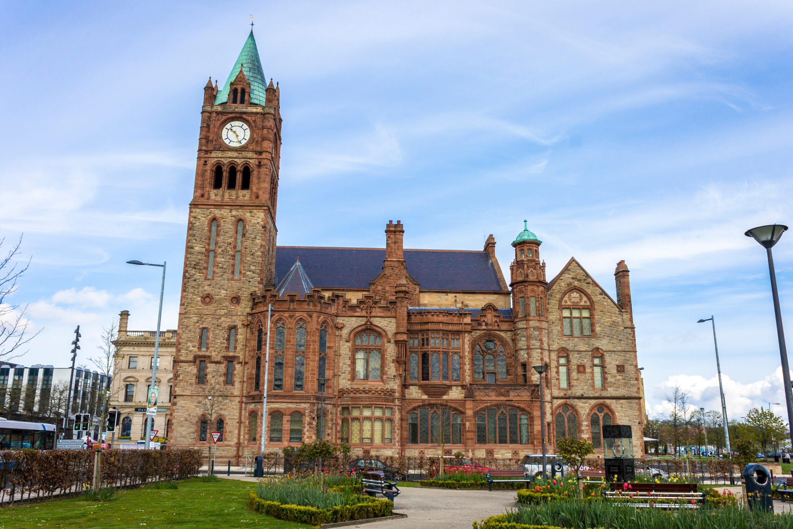 The Guildhall, a building built in 1890 in which the elected members of Derry and Strabane District Council meet. Derry, County Londonderry, Northern Ireland