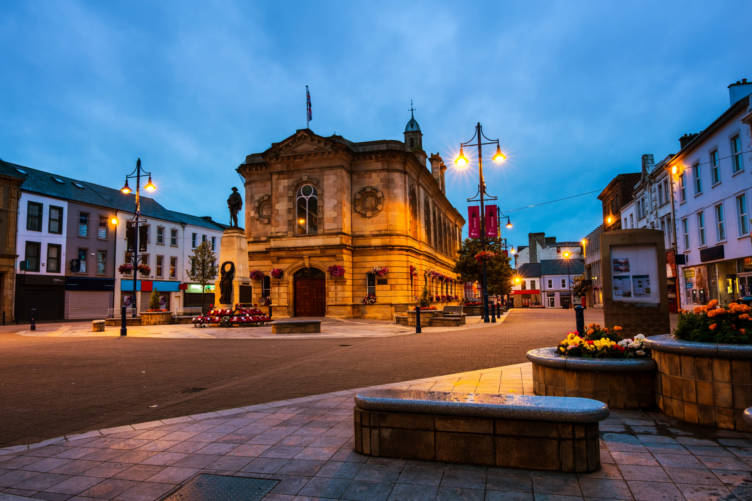View of Town Hall in Coleraine, North Ireland, UK at sunset