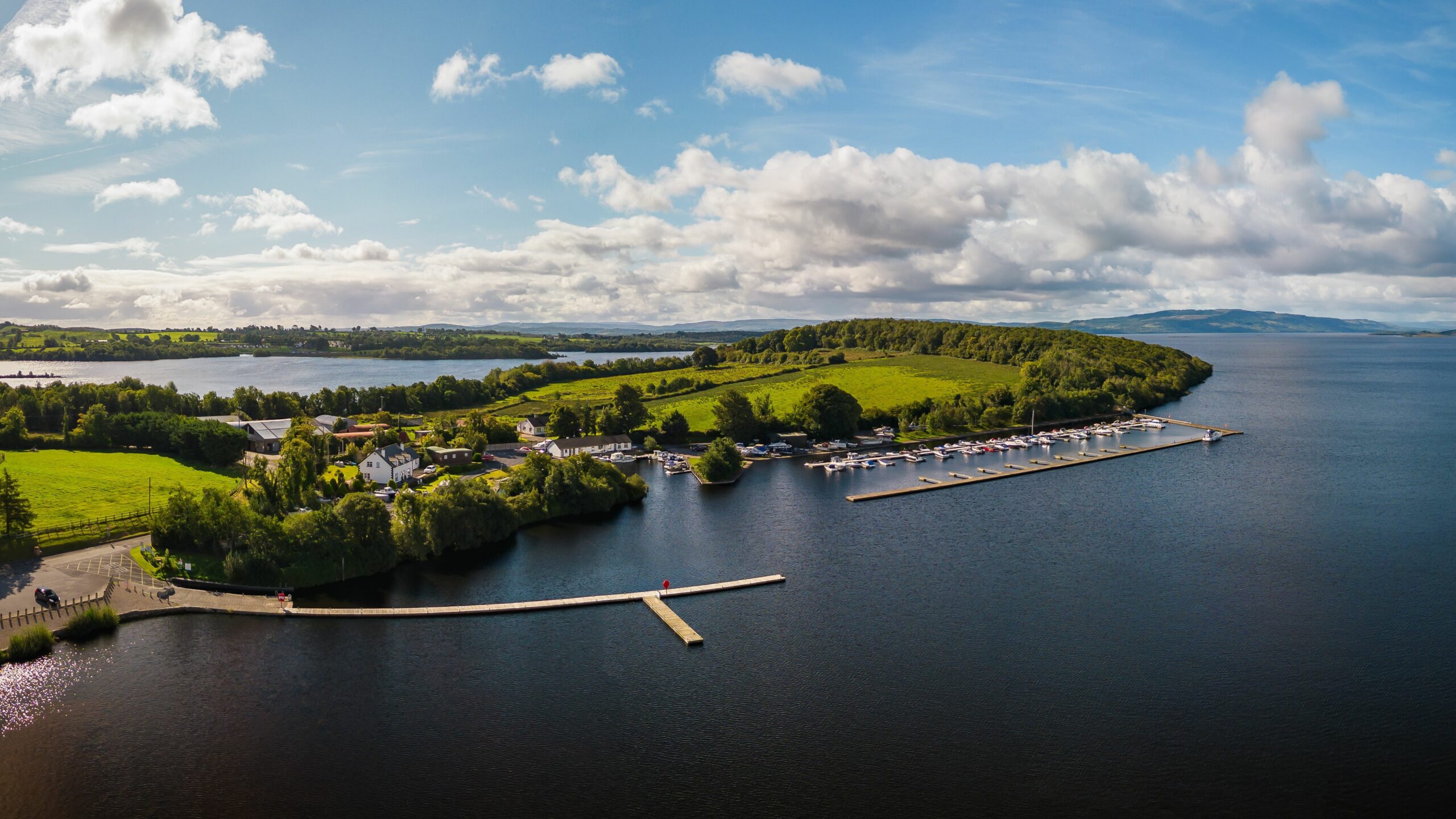 Aerial view of island with parked boats in Fermanagh
